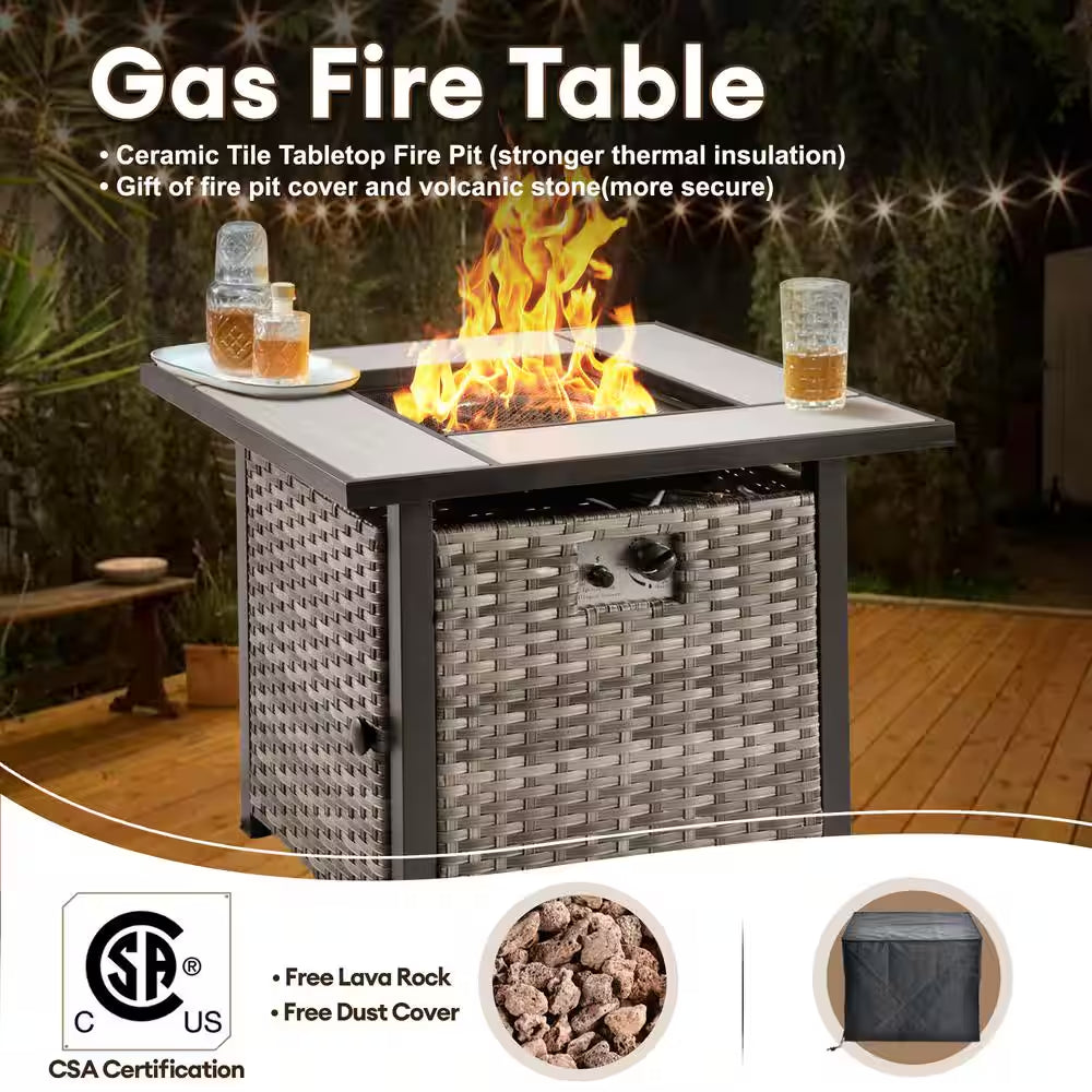Michigan 6-Piece Wicker Outdoor Patio Fire Pit Seating Sofa Set and with Orange Red Cushions and Swivel Rocking Chairs