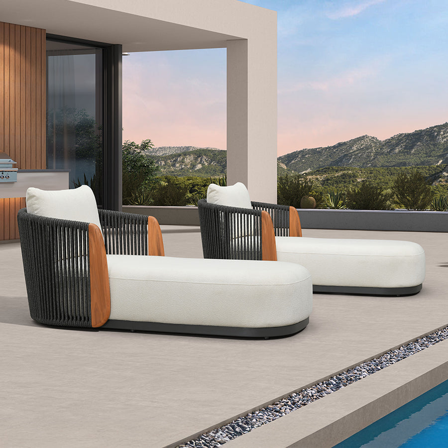 PURPLE LEAF Luxury  Hailar Olefin Patio Chaise Lounge Chair , Upholstered Pool Aluminium Lounge Chairs for Outdoor with Teak Armres for Deck, Pool, Lawn, Garden, Courtyard, Porch