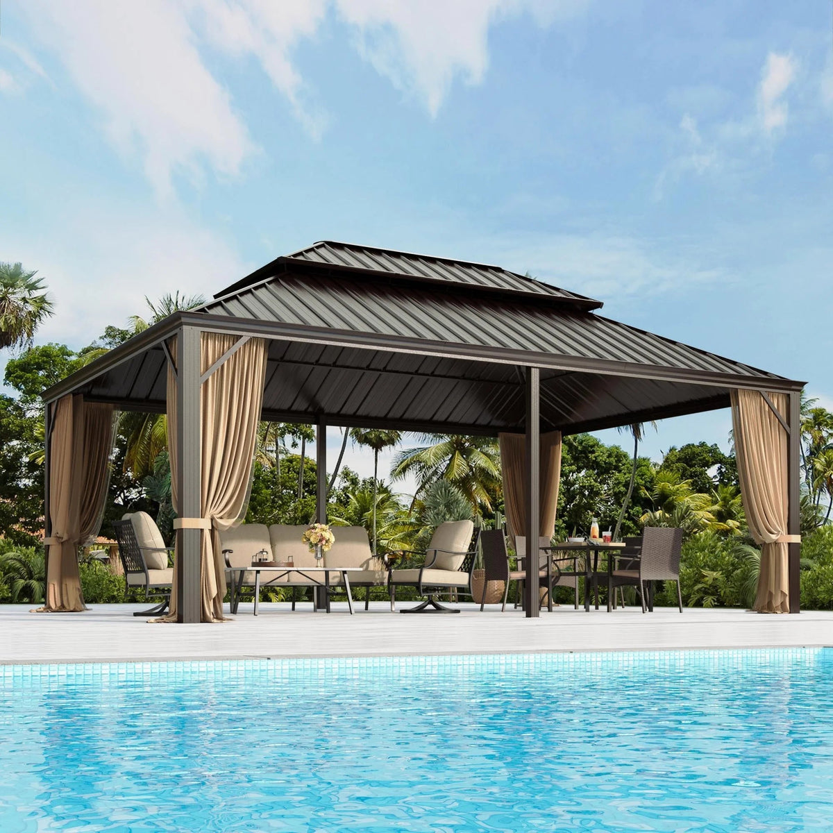 Erommy 14' X 20' Hardtop Gazebo Aluminum Frame Galvanized Steel Double Roof Patio Gazebo with Netting & Curtains Brown