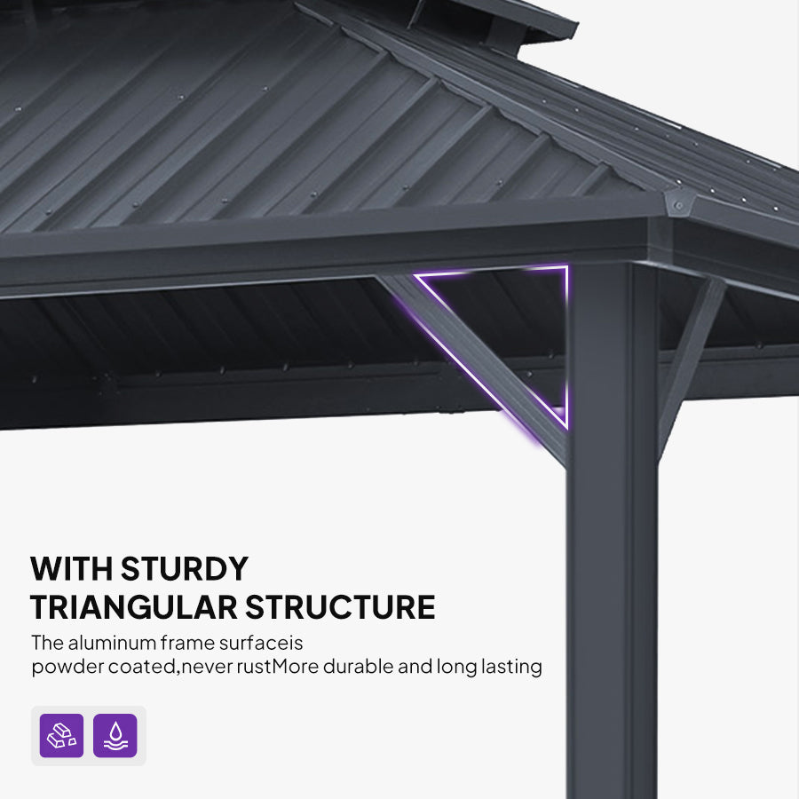 PURPLE LEAF Sunroom Hardtop Gazebo Solarium Grey Galvanized Steel Double Roof  All-Weather Aluminum Outdoor Screen House with String Lights