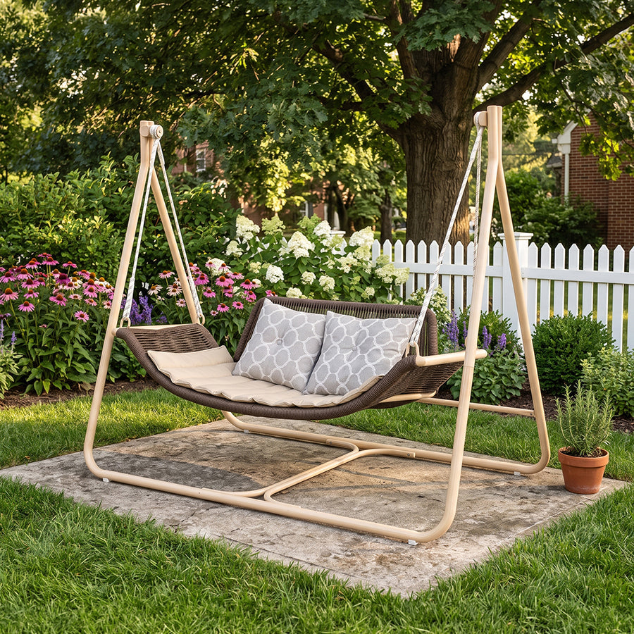 PURPLE LEAF Double Cloud Hanging Chair - Outdoor Patio Rattan Swing Chair with Cushion and Backrest.