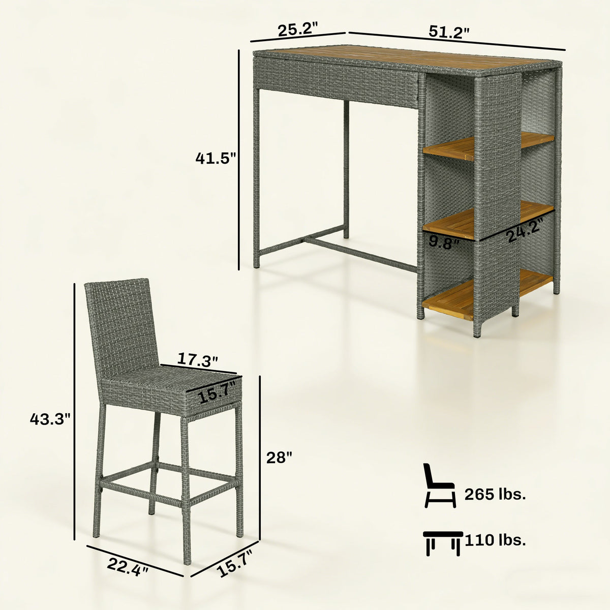 5 Piece Outdoor Bar Set with Storage Table and Cushions, Gray
