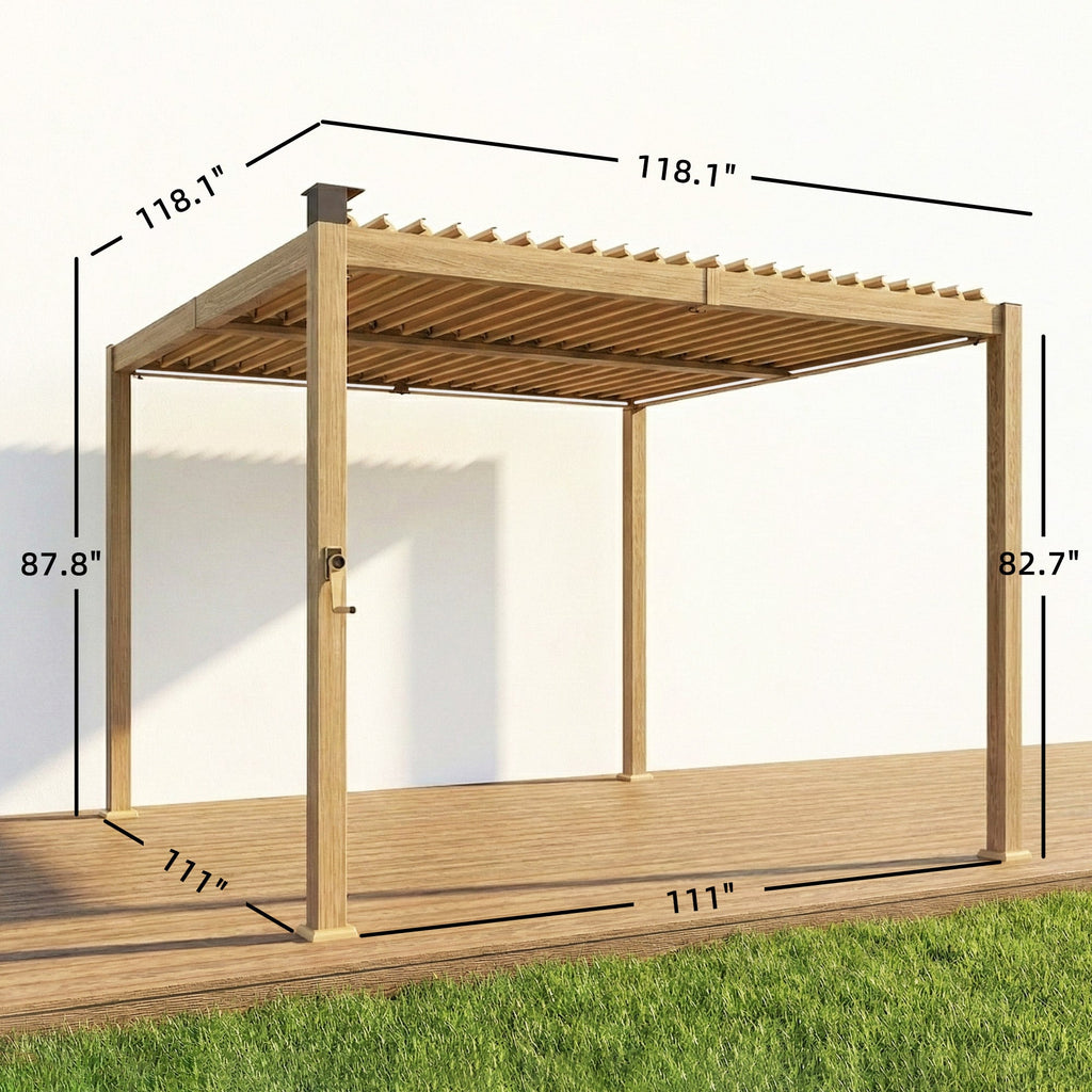 10' x 10' Louvered Pergola with Solar LED Lights and Adjustable Roof, Brown