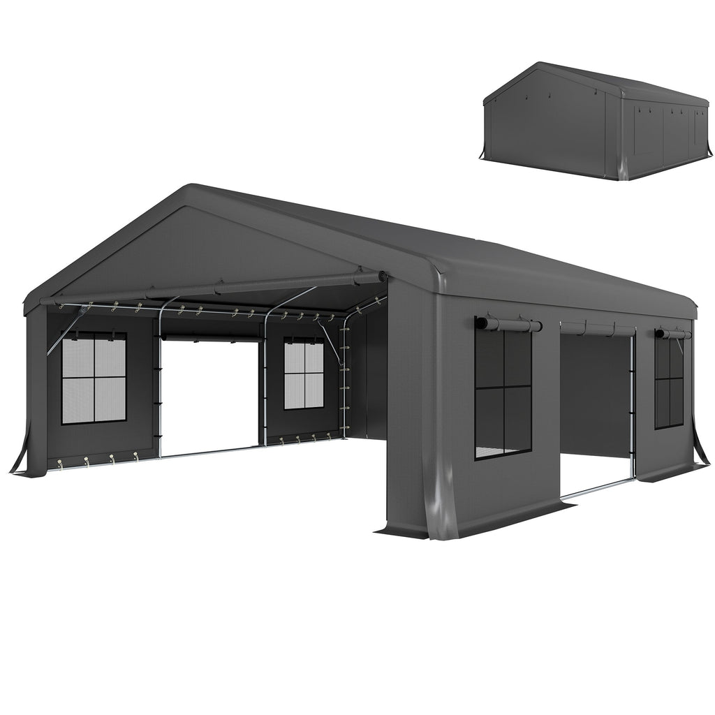 20' x 20' Heavy Duty Carport with 3 Roll-Up Doors, Dark Gray
