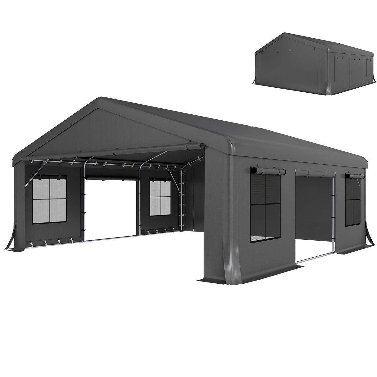 20' x 20' Heavy Duty Carport with 3 Roll-Up Doors, Dark Gray