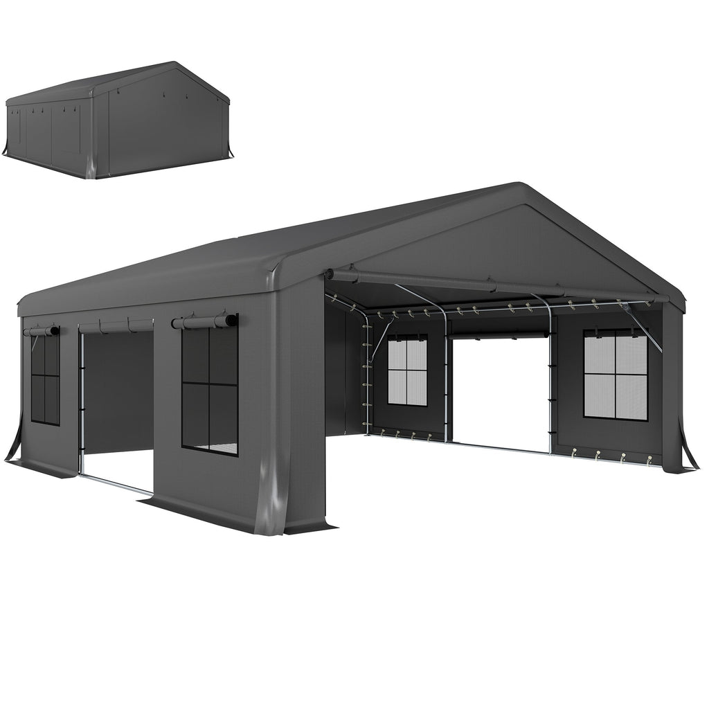 20' x 20' Heavy Duty Carport with 3 Roll-Up Doors, Dark Gray