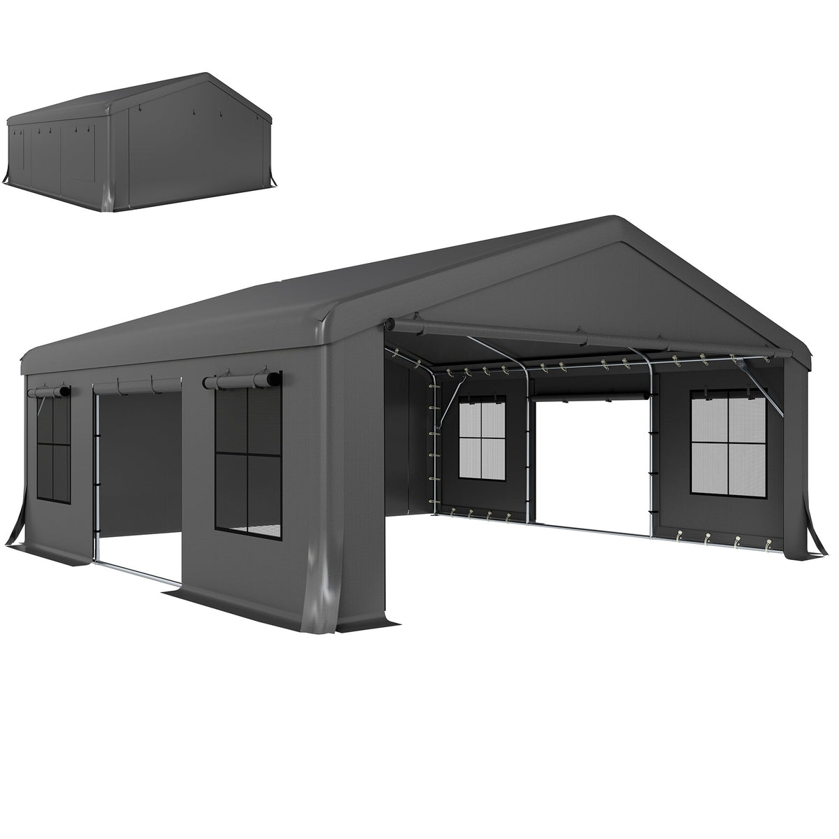 20' x 20' Heavy Duty Carport with 3 Roll-Up Doors, Dark Gray