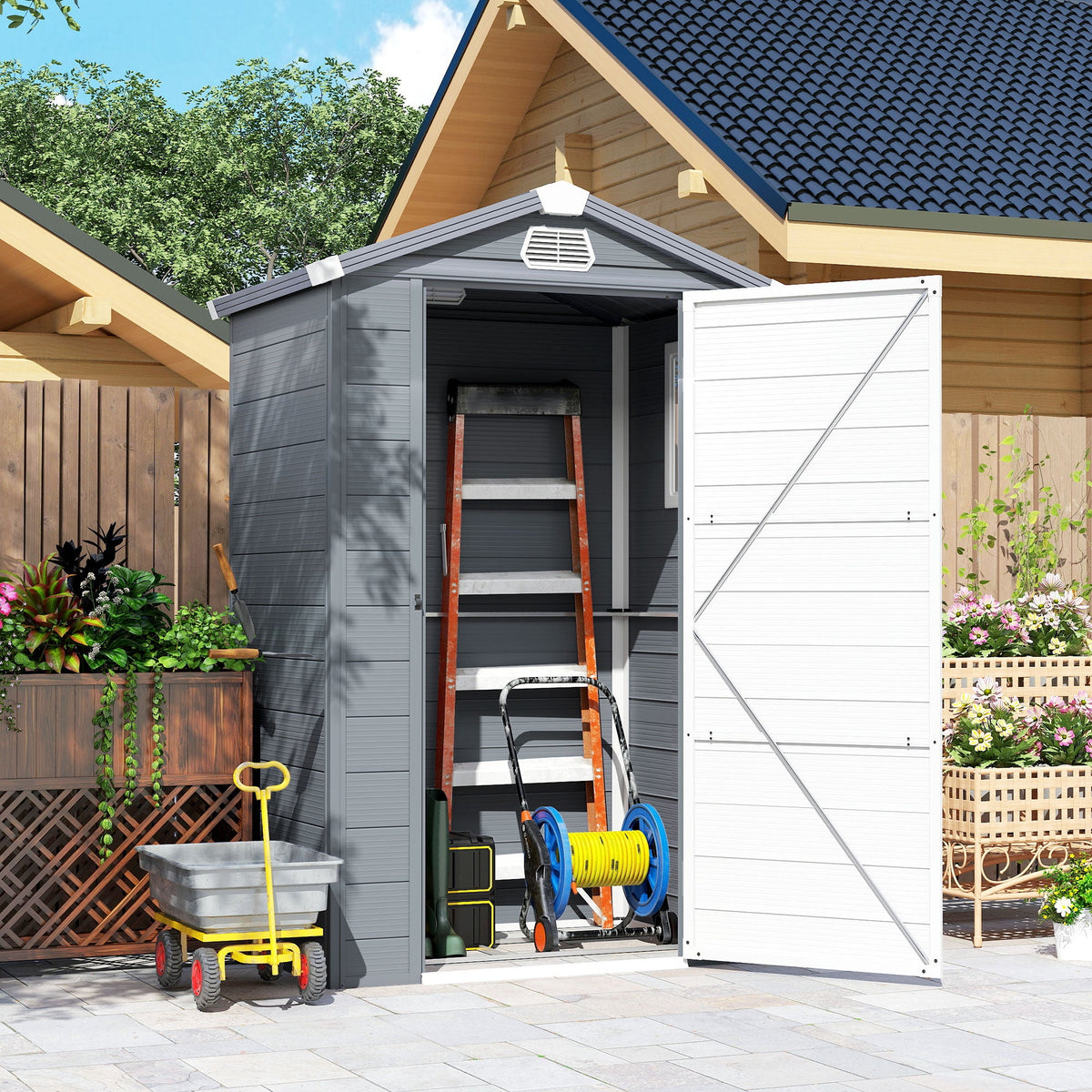 4.4' x 3.3' Garden Storage Shed with Aluminum Frame, Latched Door & Air Vents, Grey