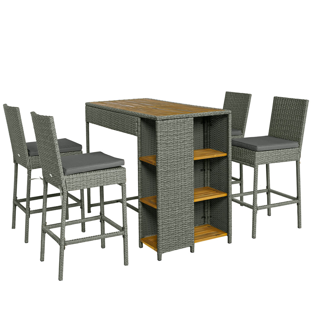 5 Piece Outdoor Bar Set with Storage Table and Cushions, Gray