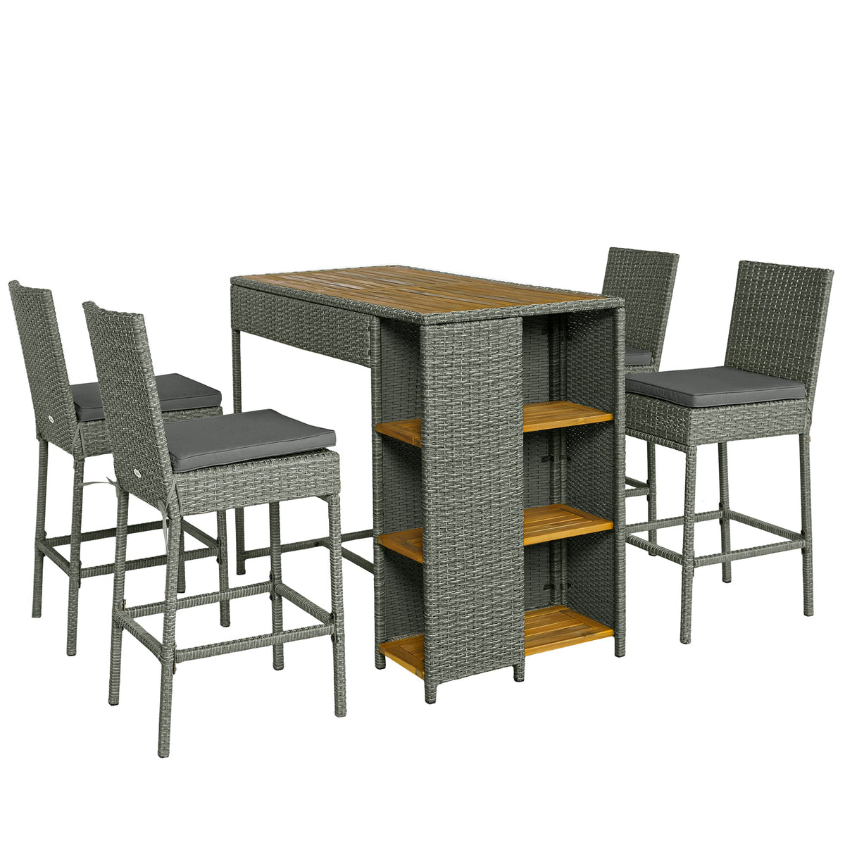 5 Piece Outdoor Bar Set with Storage Table and Cushions, Gray
