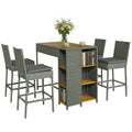5 Piece Outdoor Bar Set with Storage Table and Cushions, Gray