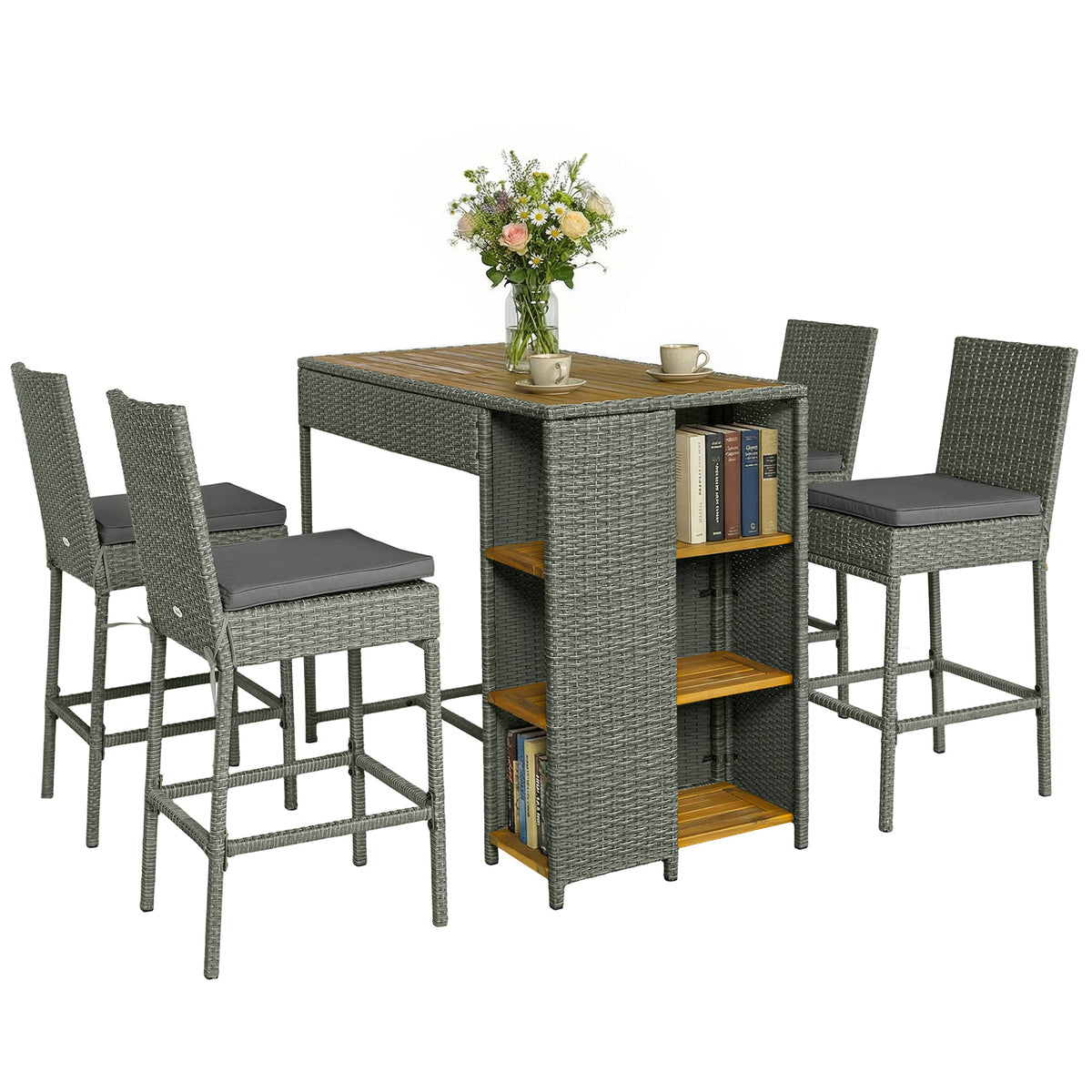 5 Piece Outdoor Bar Set with Storage Table and Cushions, Gray