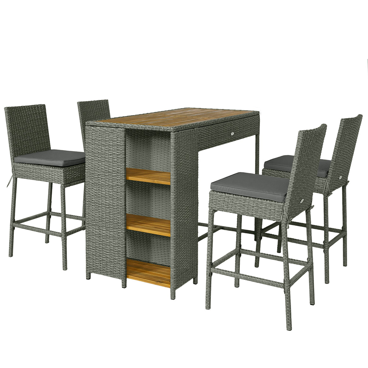 5 Piece Outdoor Bar Set with Storage Table and Cushions, Gray