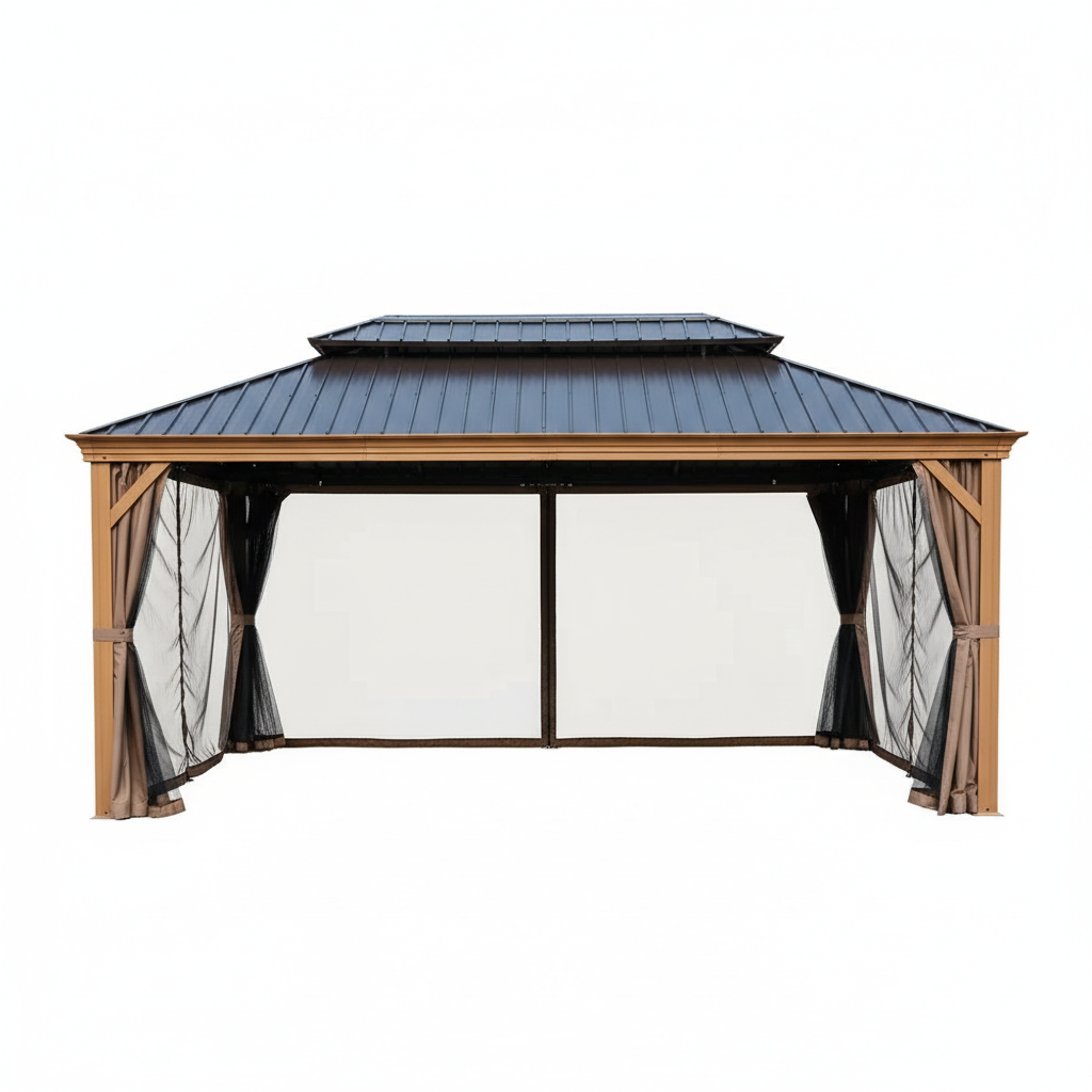 Apollo 12 Ft. X 20 Ft. W Wood like Aluminum Hardtop Gazebo with Galvanized Steel Roof and Mosquito Net