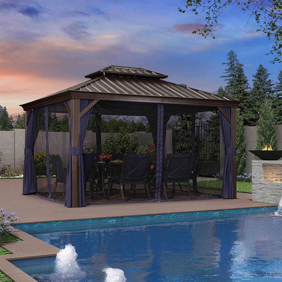 PURPLE LEAF Outdoor Hardtop Gazebo for Patio Bronze Aluminum Frame Pavilion with Navy-Blue Curtain and Reinforced Support Rods