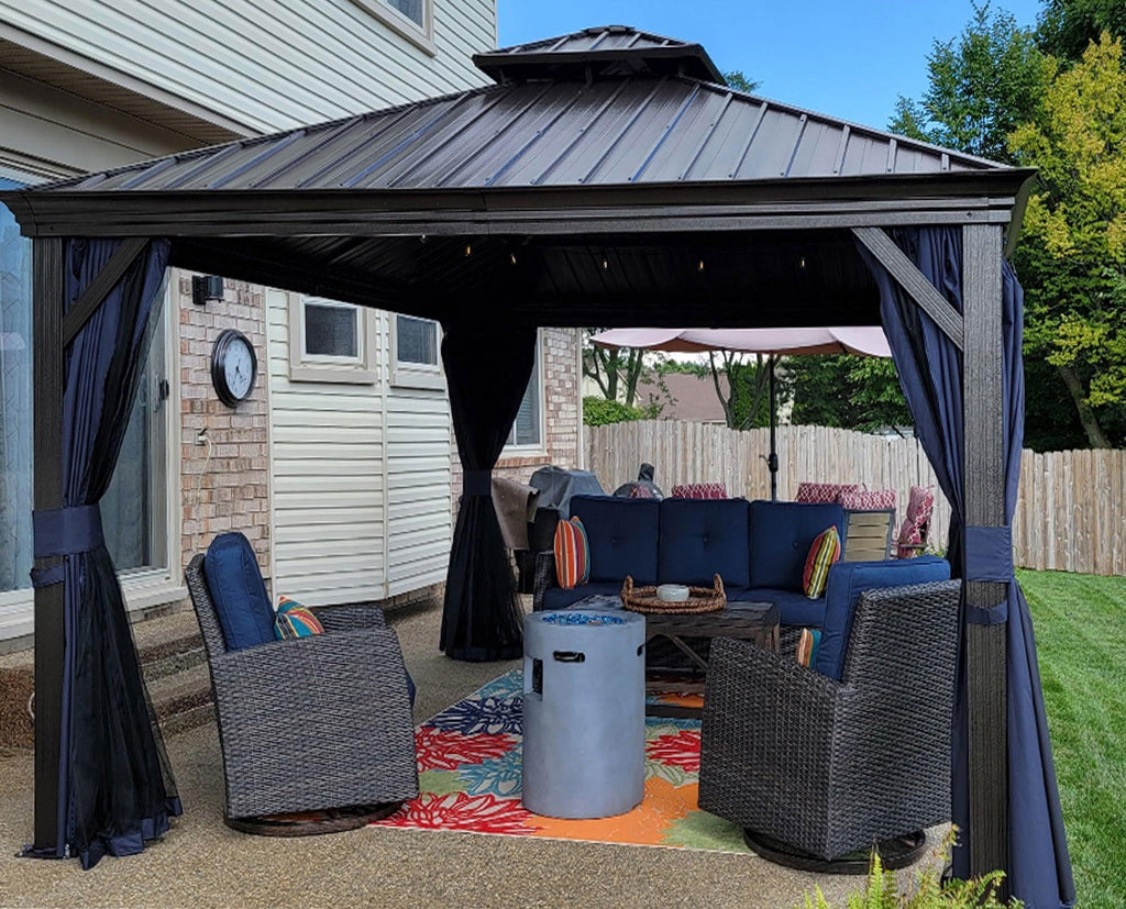 PURPLE LEAF Outdoor Hardtop Gazebo for Patio Bronze Aluminum Frame Pavilion with Navy-Blue Curtain and Reinforced Support Rods