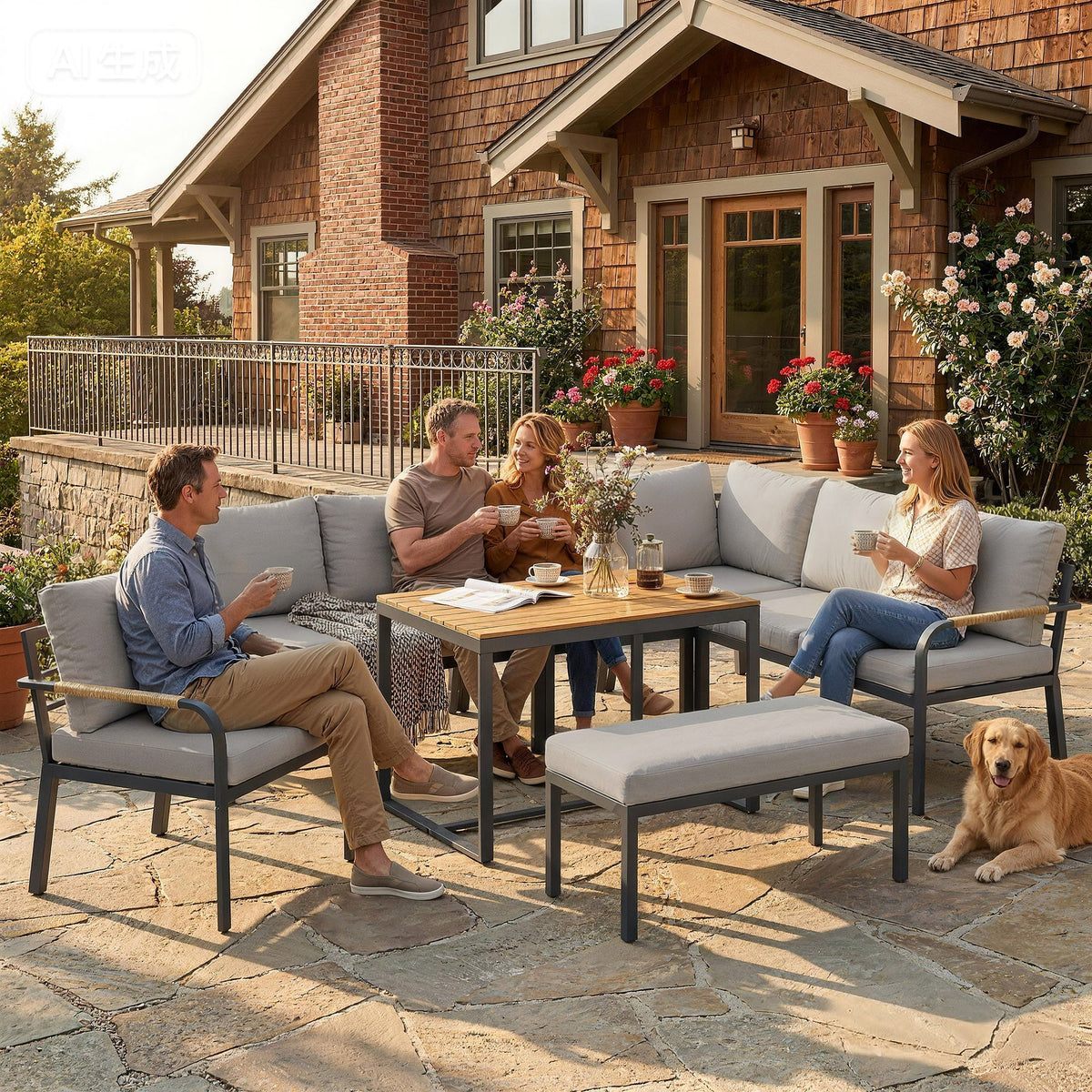7 Seater Garden Furniture Set with Faux Wood Table, Light Grey