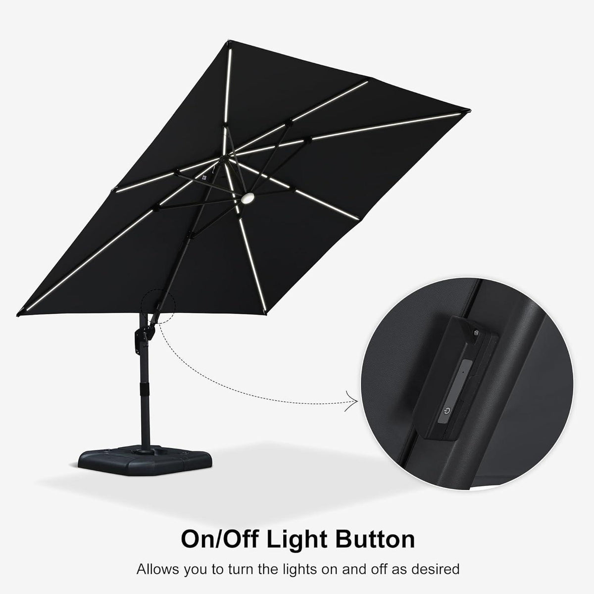 PURPLE LEAF – Parasol de terrasse déporté 10ft avec éclairage LED, rotation 360° et inclinaison