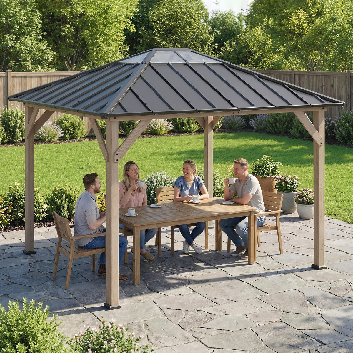 10' x 12' Wood Hardtop Gazebo with Clear Roof, Light Walnut