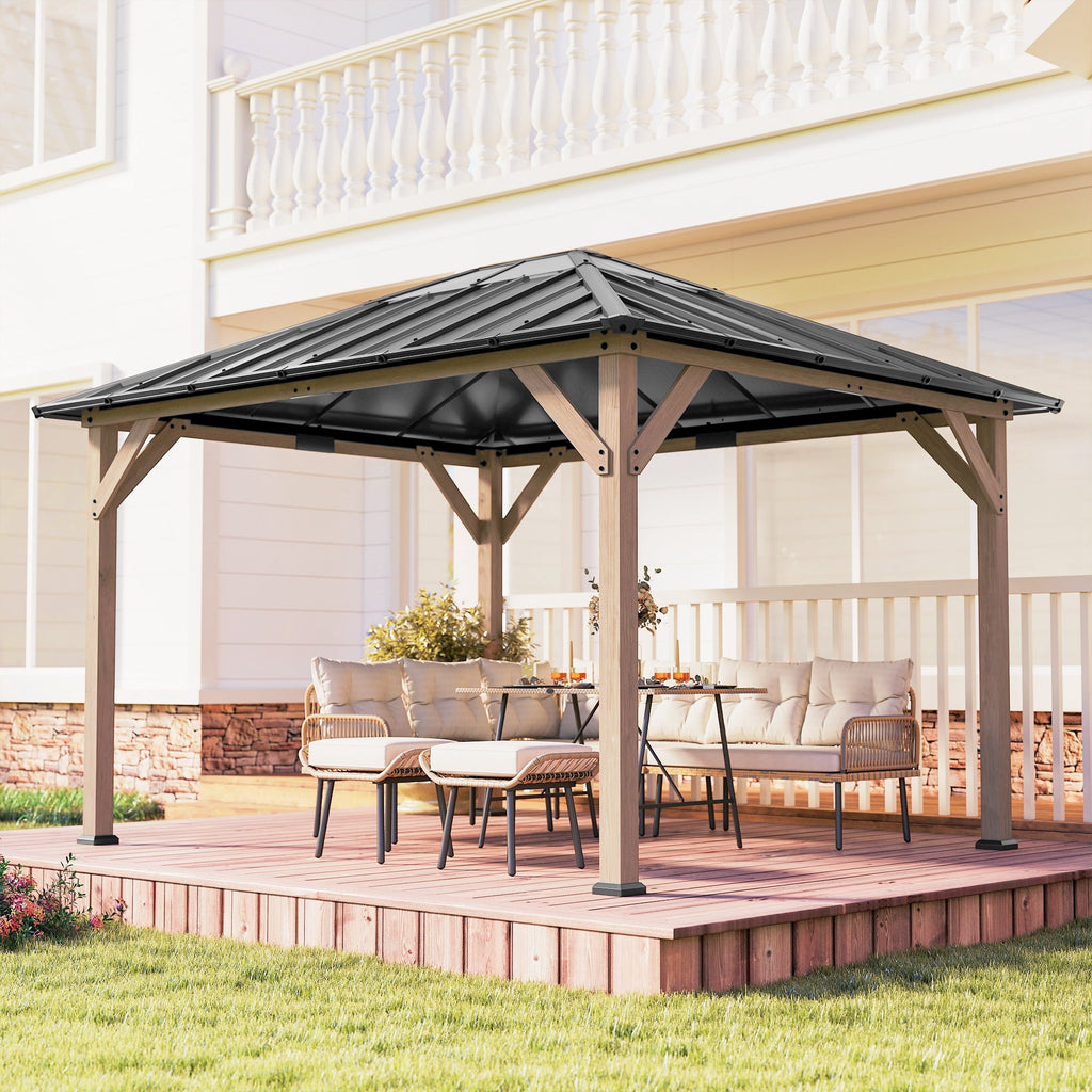 10' x 12' Wood Hardtop Gazebo with Clear Roof, Light Walnut