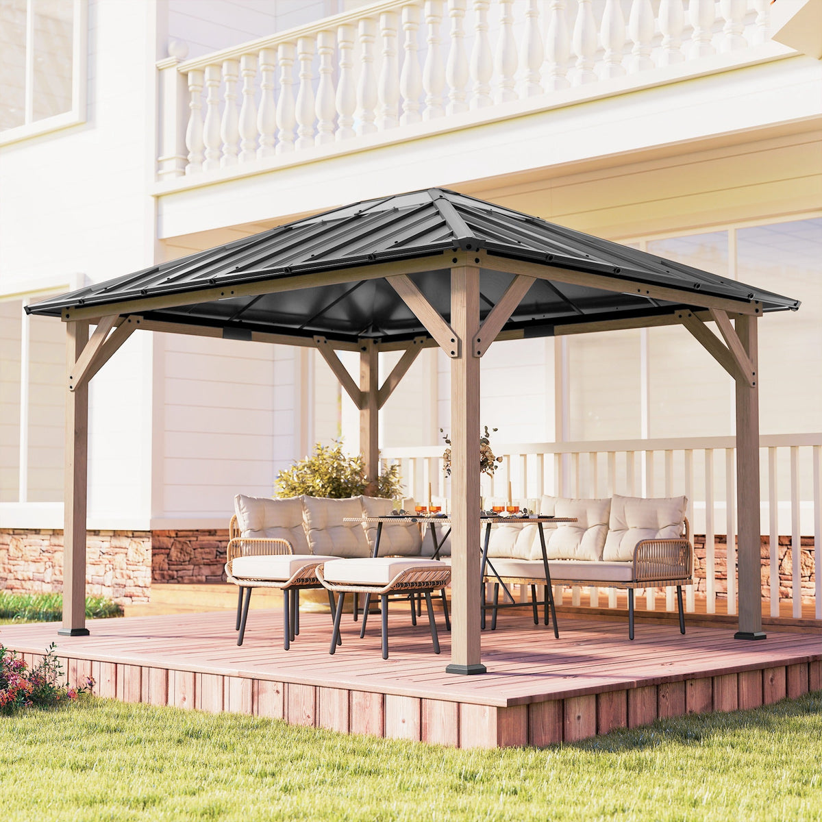 10' x 12' Wood Hardtop Gazebo with Clear Roof, Light Walnut
