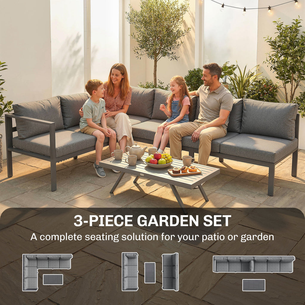 3 Piece Aluminium Corner Lounge Set with Adjustable Backrest, Dark Grey