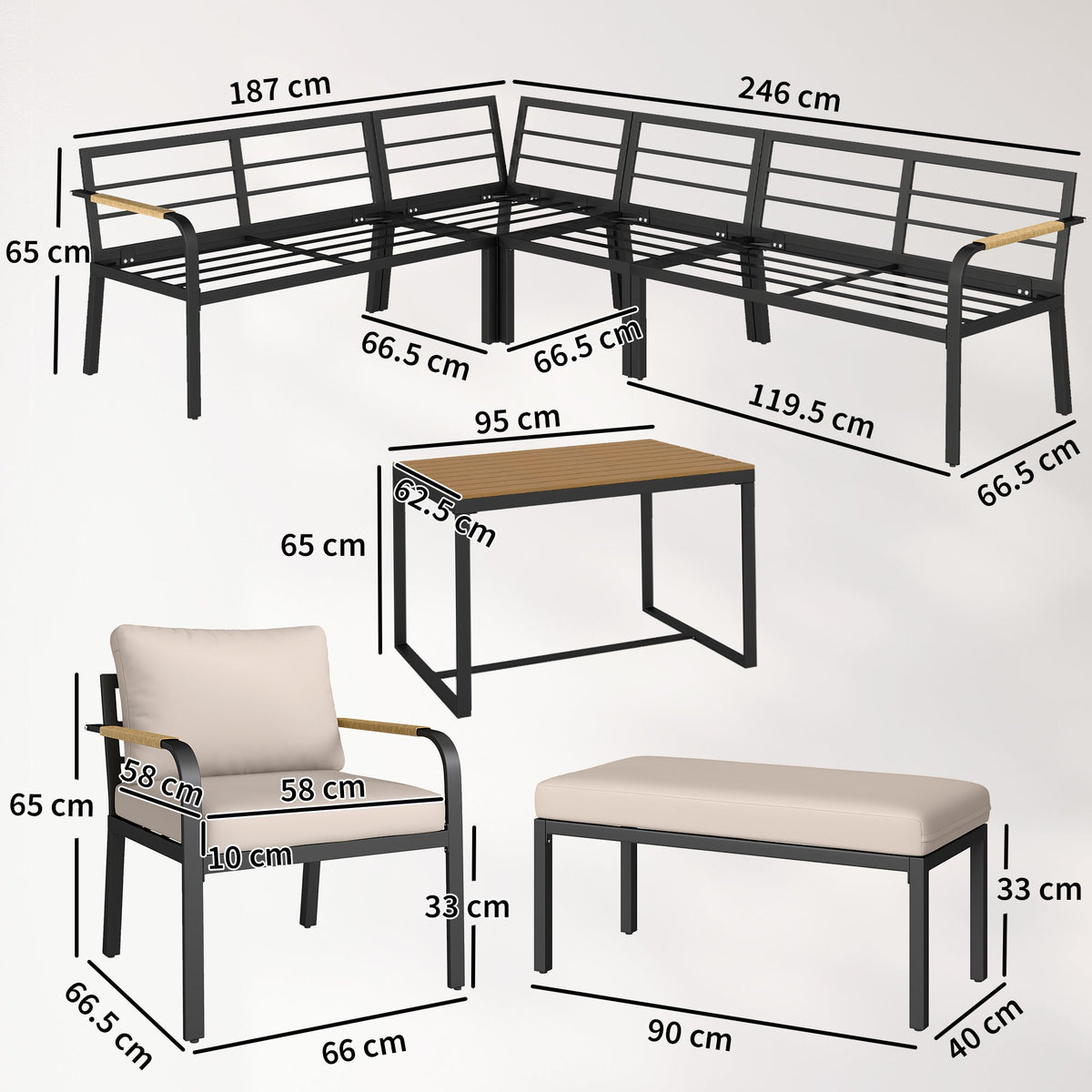 7 Seater Garden Furniture Set with Faux Wood Table, Khaki