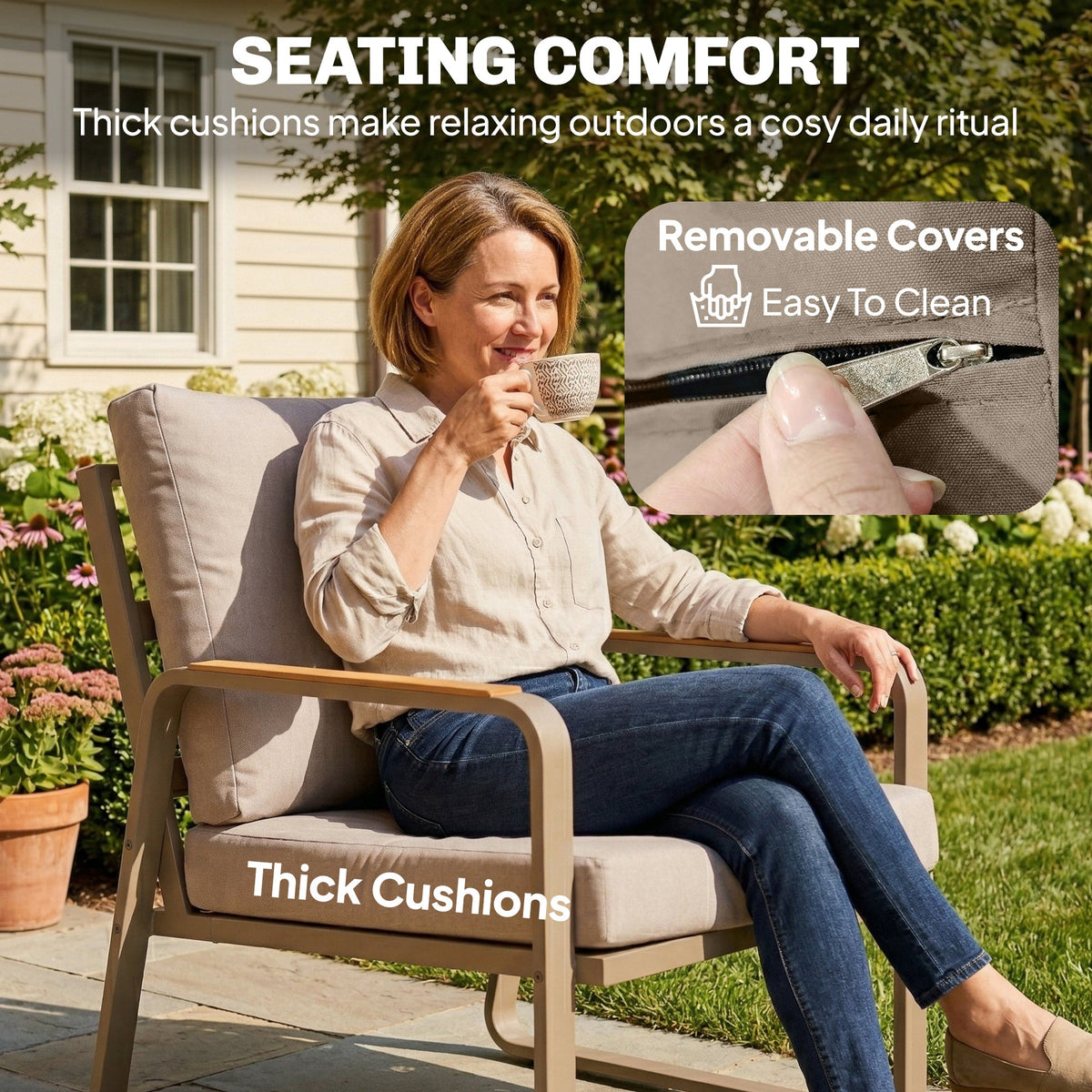 4-Piece Patio Set with Metal Frame and Cushions, Loveseat & 2 Chairs, Brown