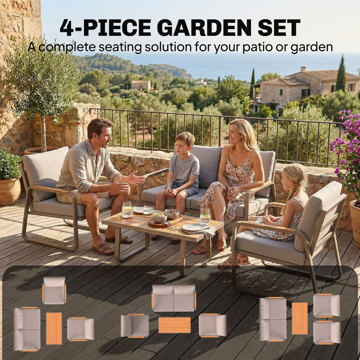 4-Piece Patio Set with Metal Frame and Cushions, Loveseat & 2 Chairs, Brown