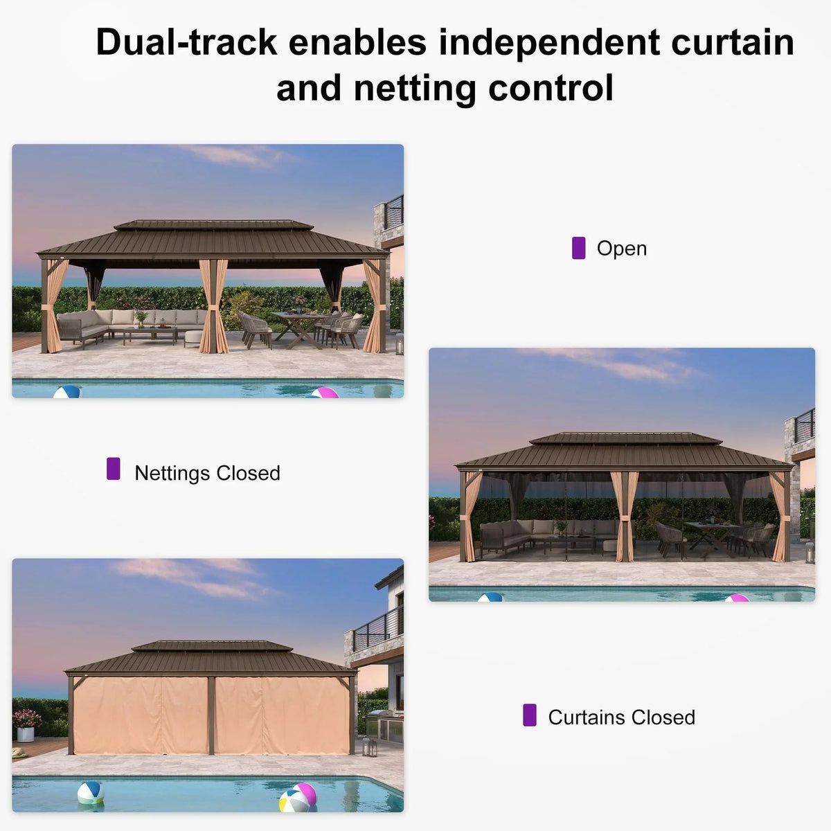 PURPLE LEAF Outdoor Hardtop Gazebo for Garden Bronze Double Roof Aluminum Frame Pavilion with Reinforcement Support Rod