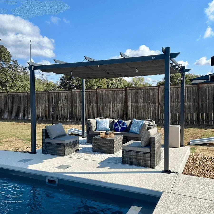 PURPLE LEAF Outdoor Pergola with Retractable Canopy Aluminum Shelter for Beach Porch Garden  Shade Pavilion Pergola  with Curtains