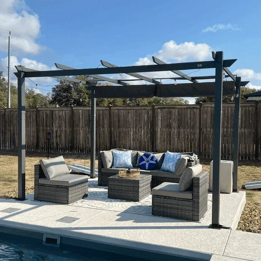 PURPLE LEAF Outdoor Pergola with Retractable Canopy Aluminum Shelter for Beach Porch Garden  Shade Pavilion Pergola  with Curtains