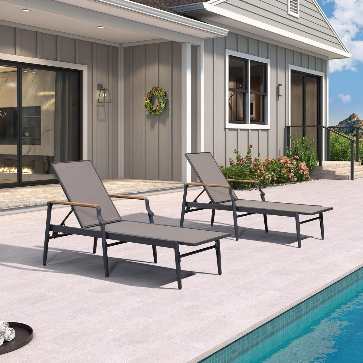 PURPLE LEAF Outdoor Chaise Lounge Chair Set of 2 Patio Pool Lounger Aluminum Chairs with Wooden Armrest Sunbathing Tanning Recliner for Outside Backyard White