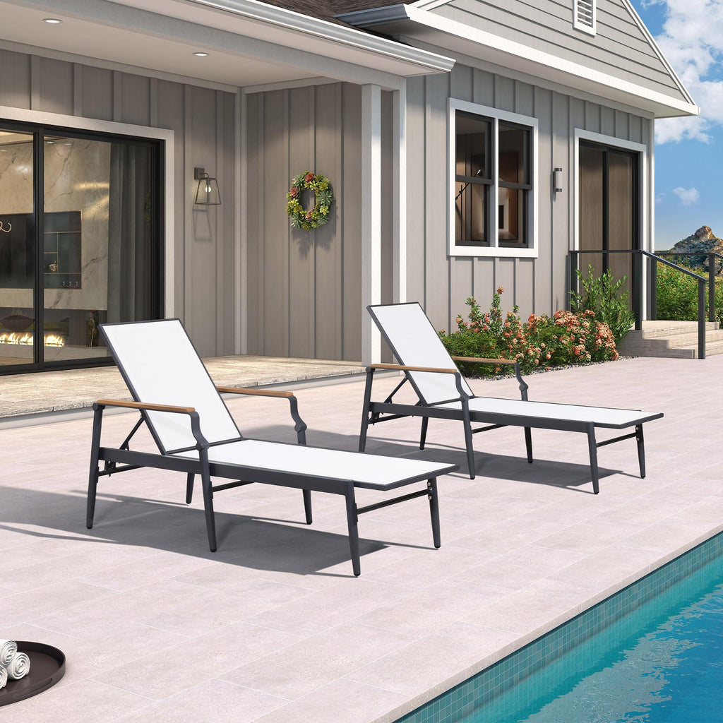 PURPLE LEAF Outdoor Chaise Lounge Chair Set of 2 Patio Pool Lounger Aluminum Chairs with Wooden Armrest Sunbathing Tanning Recliner for Outside Backyard White