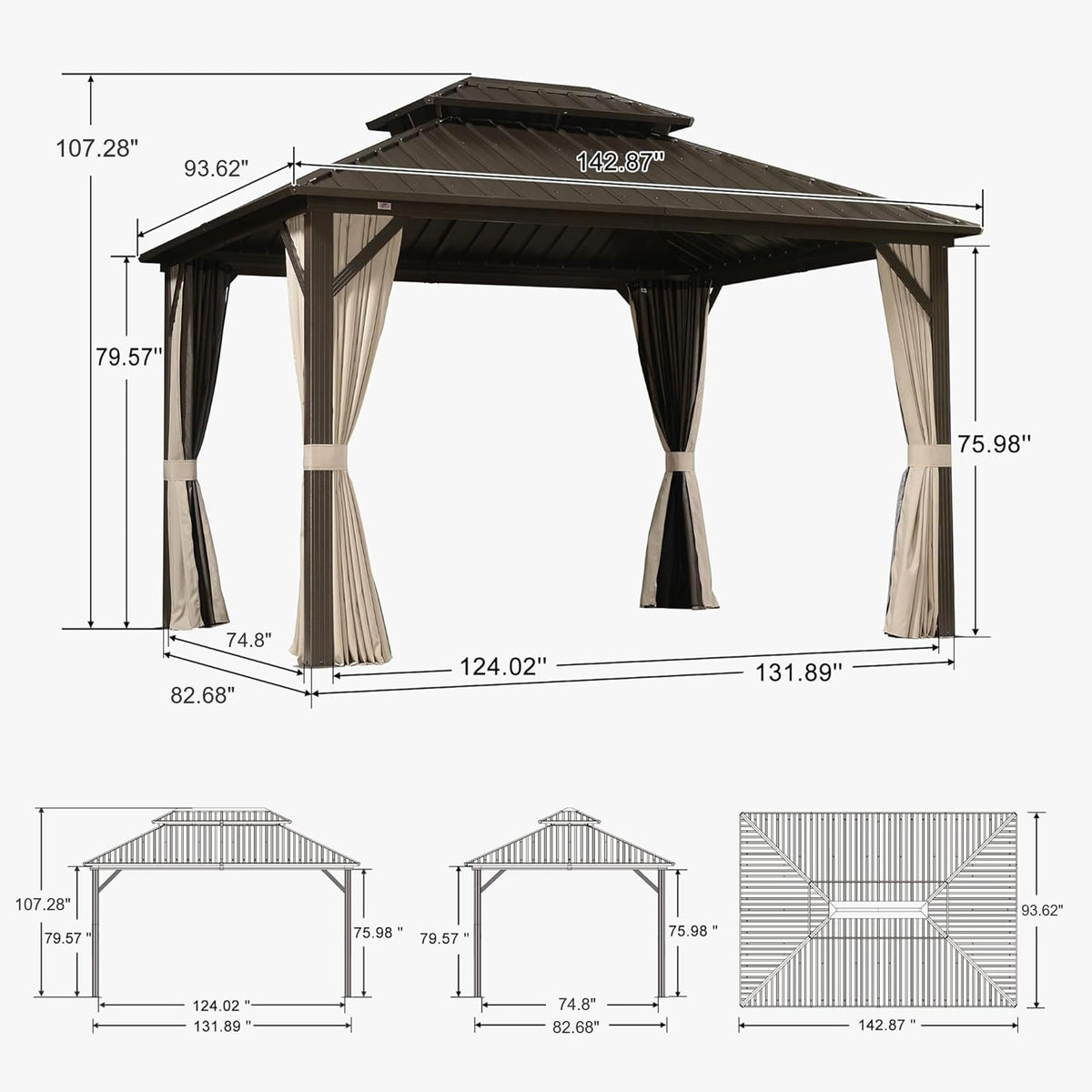 PURPLE LEAF Hardtop Gazebo Featuring Galvanized Steel Double Roof and Bronze Aluminum Frame with Curtains and Netting for Backyard with Lights-milky