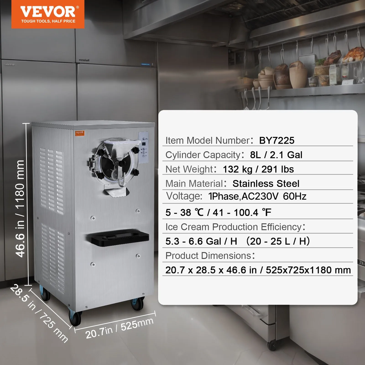 20–25L/H Commercial Ice Cream Machine, 2400W Hard Serve Maker, 8L Stainless Steel Cylinder with Adjustable Hardness & Auto Clean, DOBA-IC25