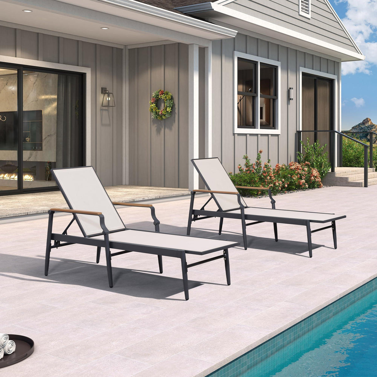 PURPLE LEAF Outdoor Chaise Lounge Chair Set of 2 Patio Pool Lounger Aluminum Chairs with Wooden Armrest Sunbathing Tanning Recliner for Outside Backyard White