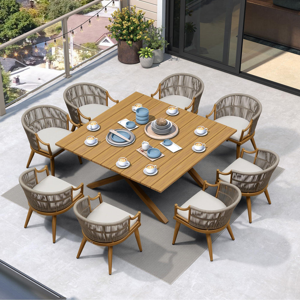 PURPLE LEAF Outdoor Dining Set All Weather Wicker Patio Dining Set with Rectangular Aluminum Table and Modern Armrest Dining Chairs for Garden Deck Backyard Kitchen