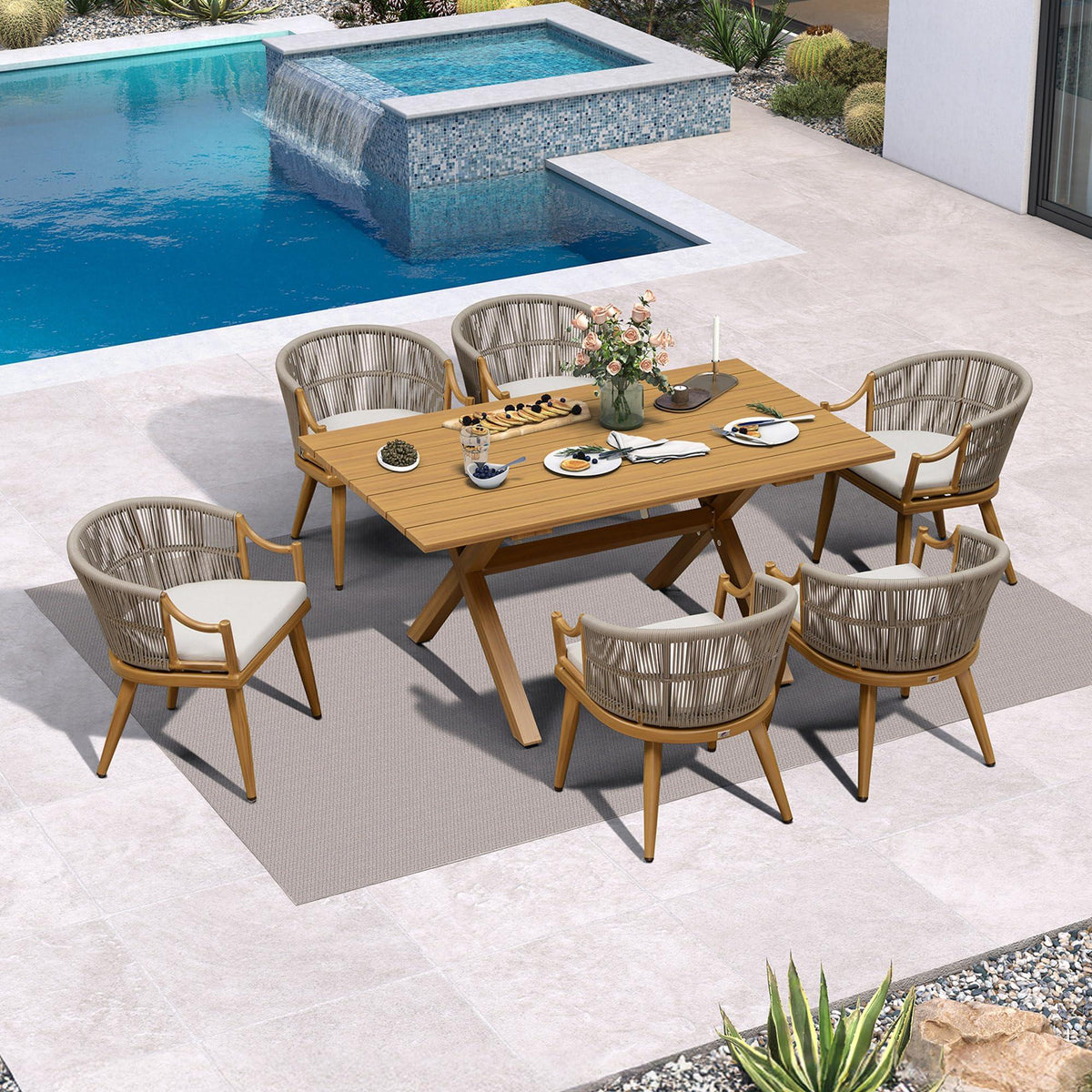 PURPLE LEAF Outdoor Dining Set All Weather Wicker Patio Dining Set with Rectangular Aluminum Table and Modern Armrest Dining Chairs for Garden Deck Backyard Kitchen