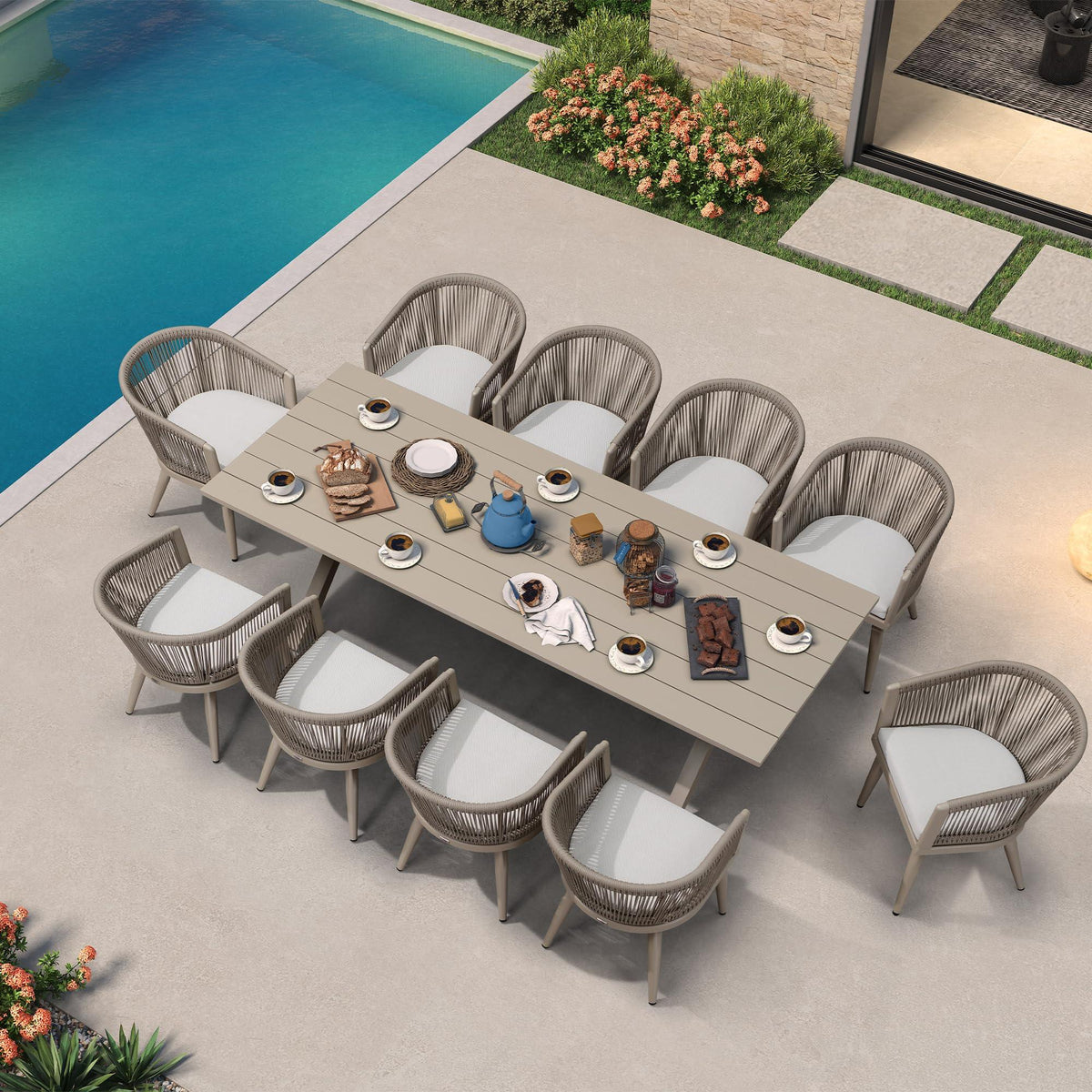 PURPLE LEAF – Ensemble repas extérieur toutes saisons en aluminium avec table effet bois, chaises tressées en corde et coussins de terrasse