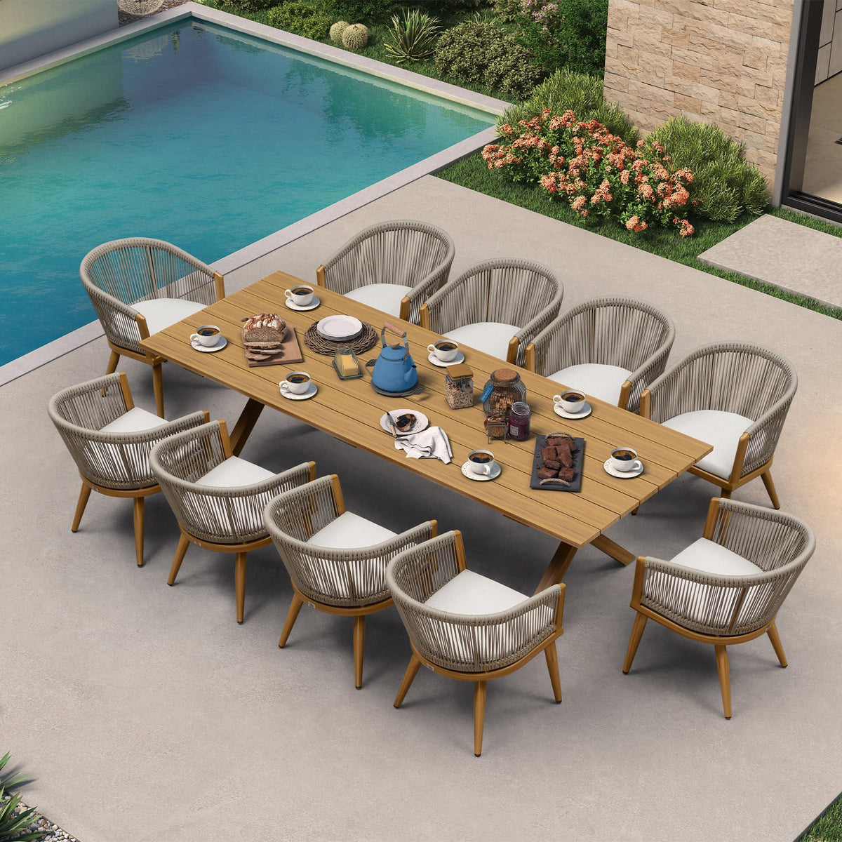 PURPLE LEAF – Ensemble repas extérieur toutes saisons en aluminium avec table effet bois, chaises tressées en corde et coussins de terrasse