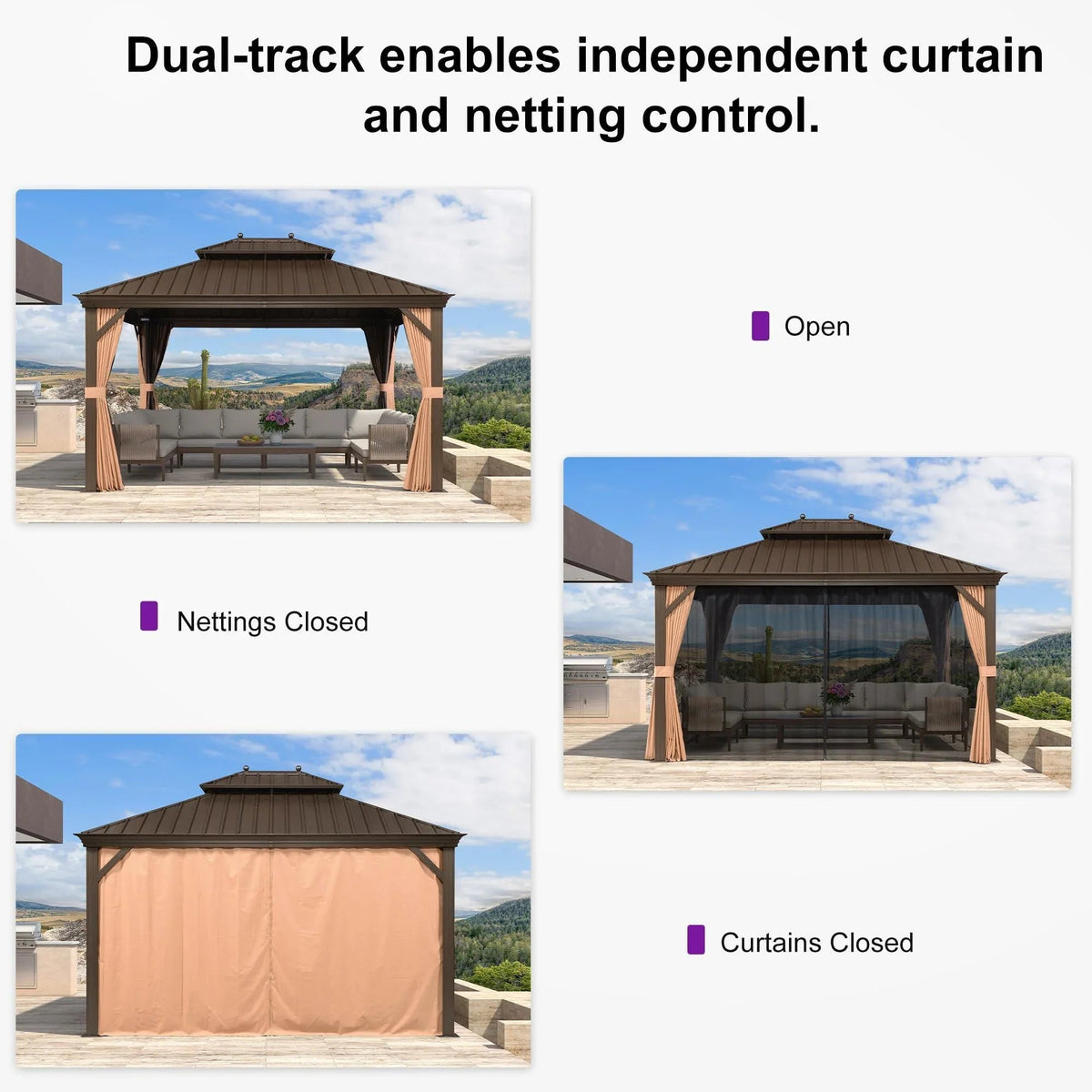 PURPLE LEAF Outdoor Hardtop Gazebo for Garden Bronze Double Roof Aluminum Frame Pavilion with Reinforcement Support Rod