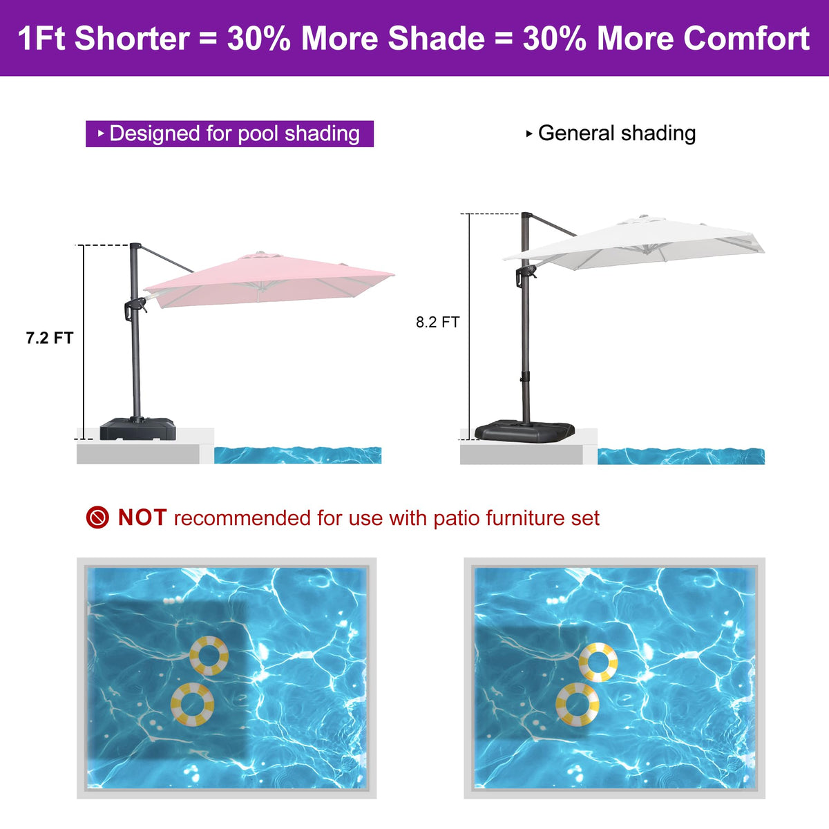 PURPLE LEAF 8 x 8 ft Swimming Pool Umbrella Outdoor Patio Cantilever Umbrella with Base