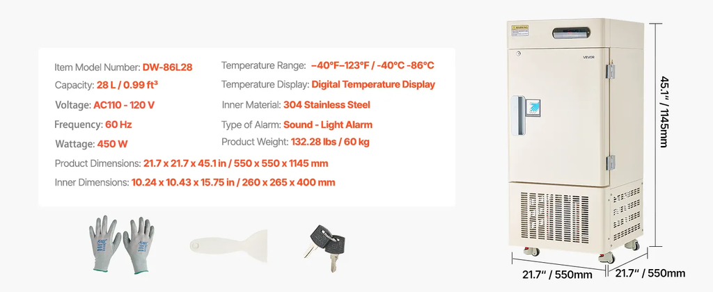 28L Ultra Low Temperature Lab Freezer, −40°F to −123°F Adjustable Temperature Range, Compact Stainless Steel Design, DOBA-LF28