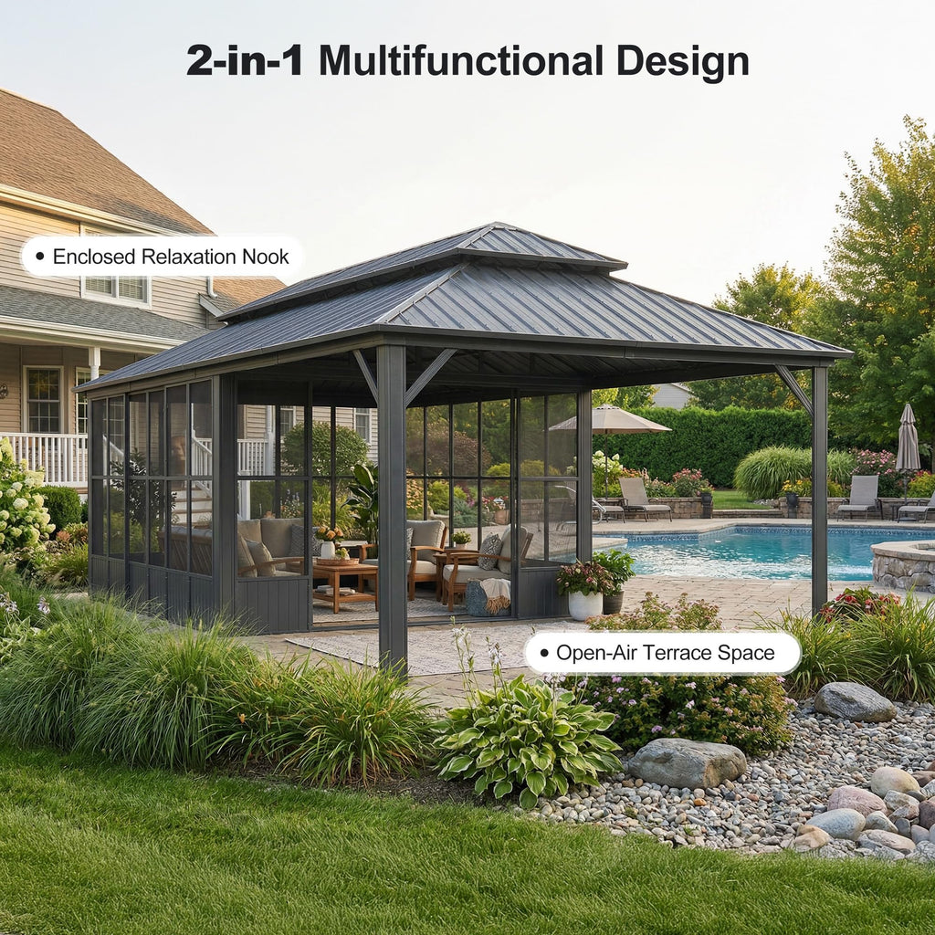 PURPLE LEAF Sunroom Hardtop Gazebo Solarium Grey Galvanized Steel Double Roof  All-Weather Aluminum Outdoor Screen House