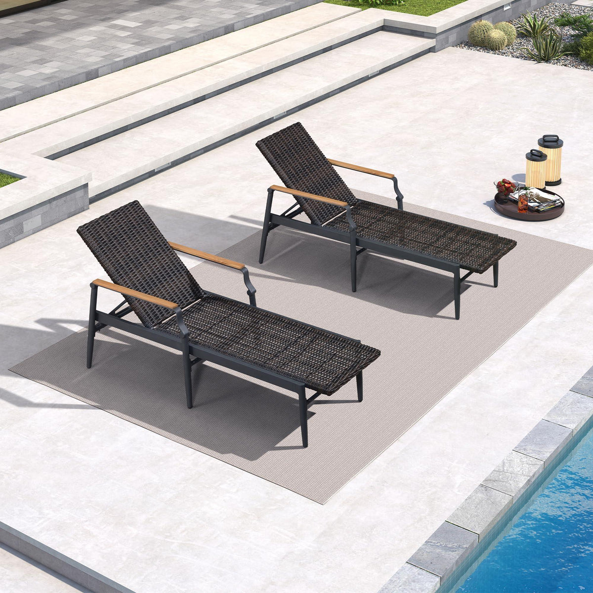PURPLE LEAF Outdoor Chaise Lounge Chair Set of 2 Patio Pool Lounger Aluminum Chairs with Wooden Armrest Sunbathing Tanning Recliner for Outside Backyard White