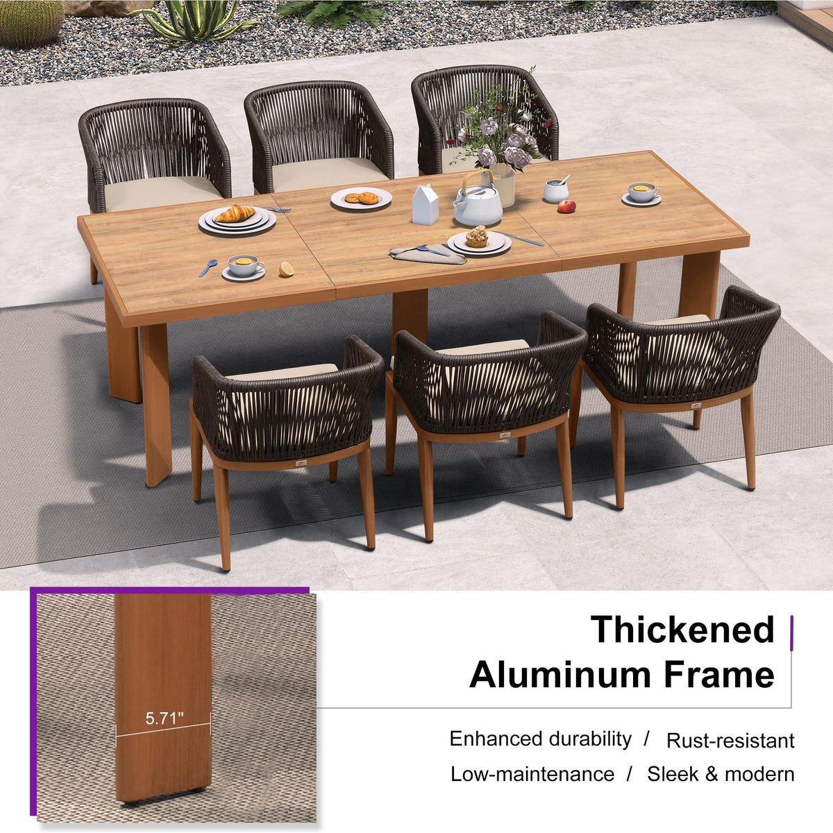 PURPLE LEAF Patio Dining Set with Sunbrella Fabric Cushions and Aluminum Table All-Weather Wicker Patio Table Set for Deck