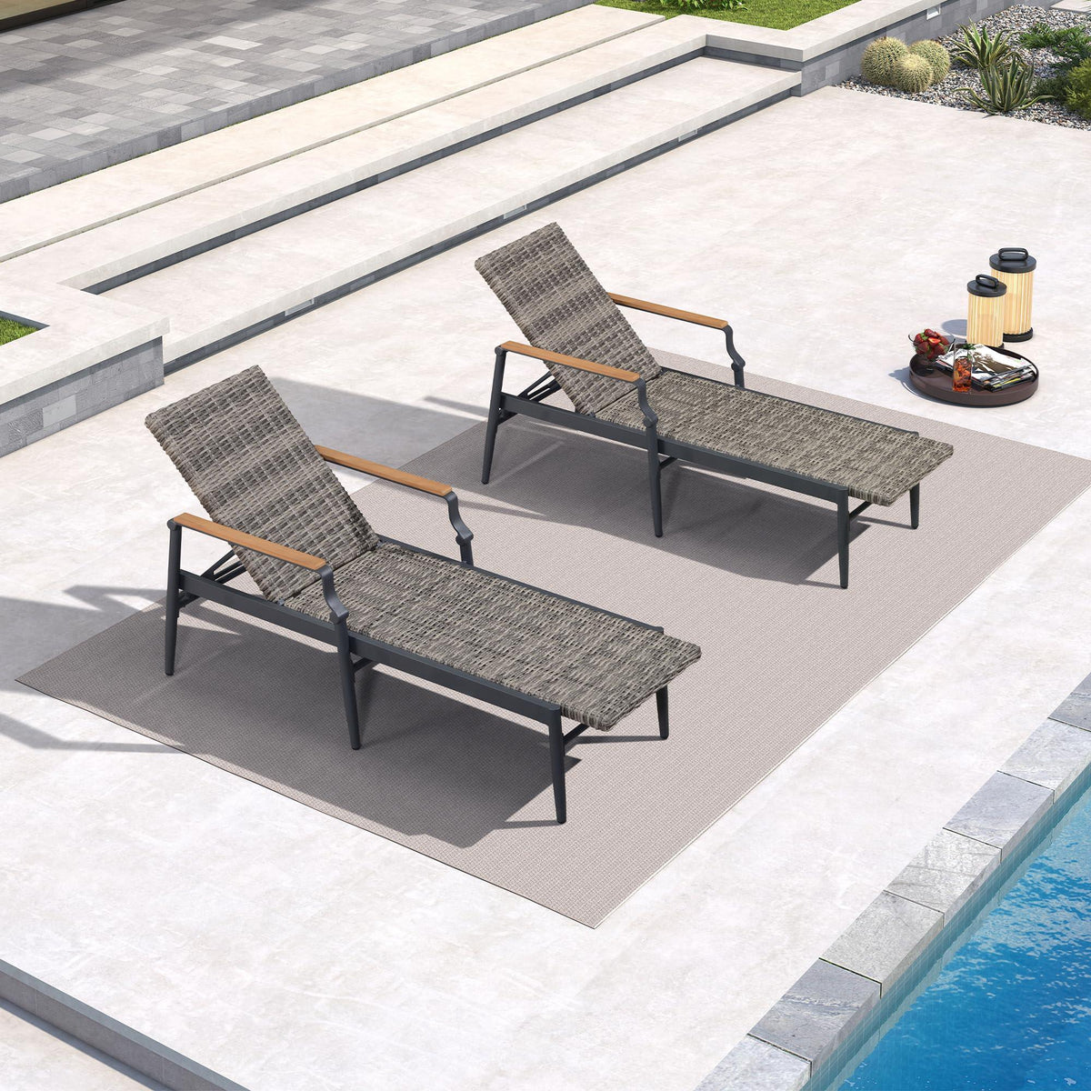 PURPLE LEAF Outdoor Chaise Lounge Chair Set of 2 Patio Pool Lounger Aluminum Chairs with Wooden Armrest Sunbathing Tanning Recliner for Outside Backyard White