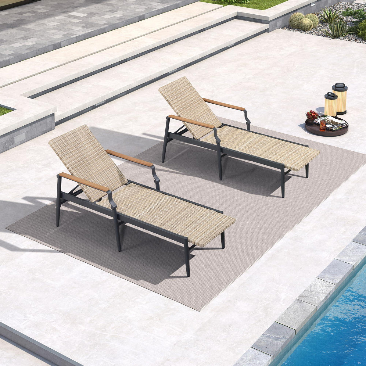 PURPLE LEAF Outdoor Chaise Lounge Chair Set of 2 Patio Pool Lounger Aluminum Chairs with Wooden Armrest Sunbathing Tanning Recliner for Outside Backyard White