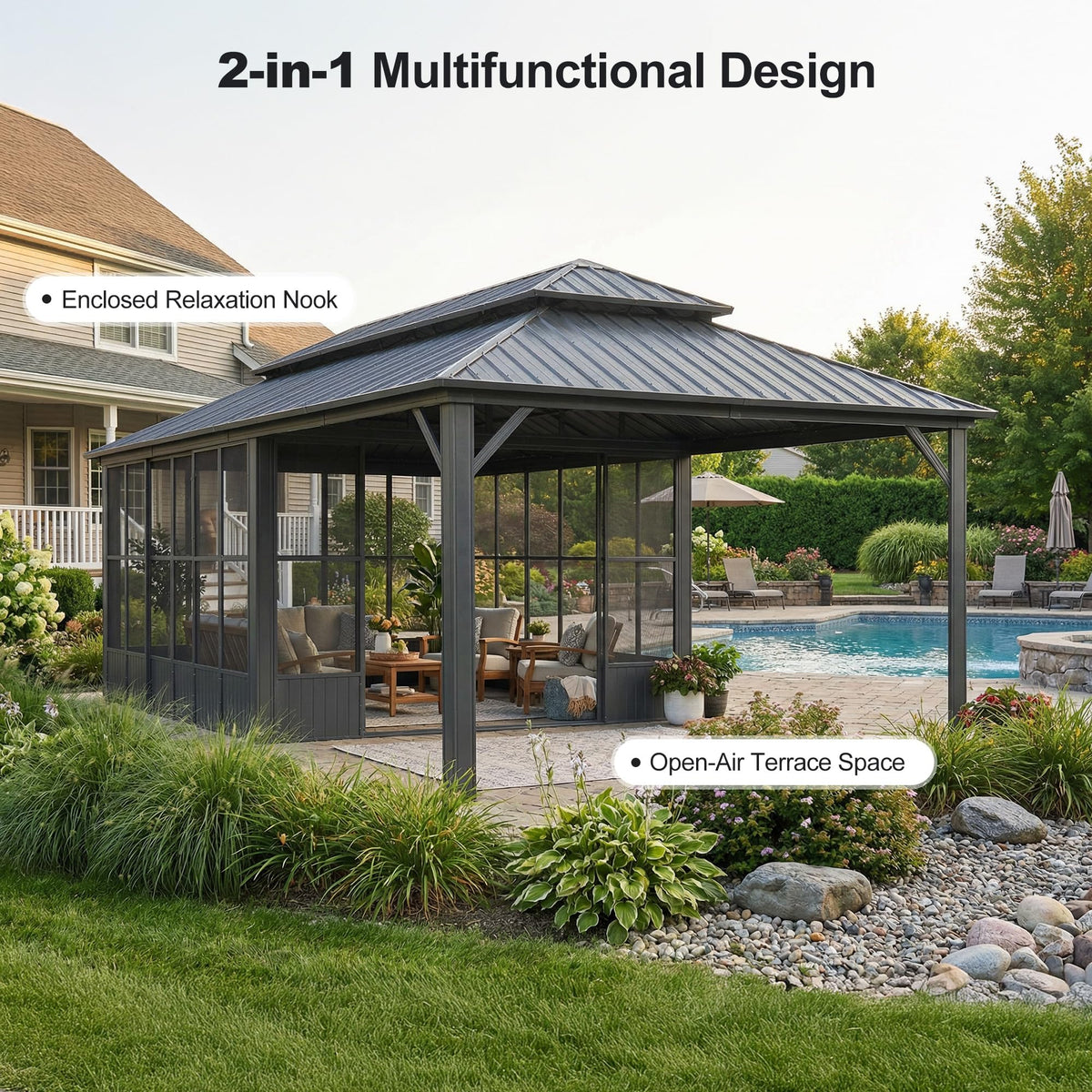 PURPLE LEAF Sunroom Hardtop Gazebo Solarium Grey Galvanized Steel Double Roof  All-Weather Aluminum Outdoor Screen House with String Lights